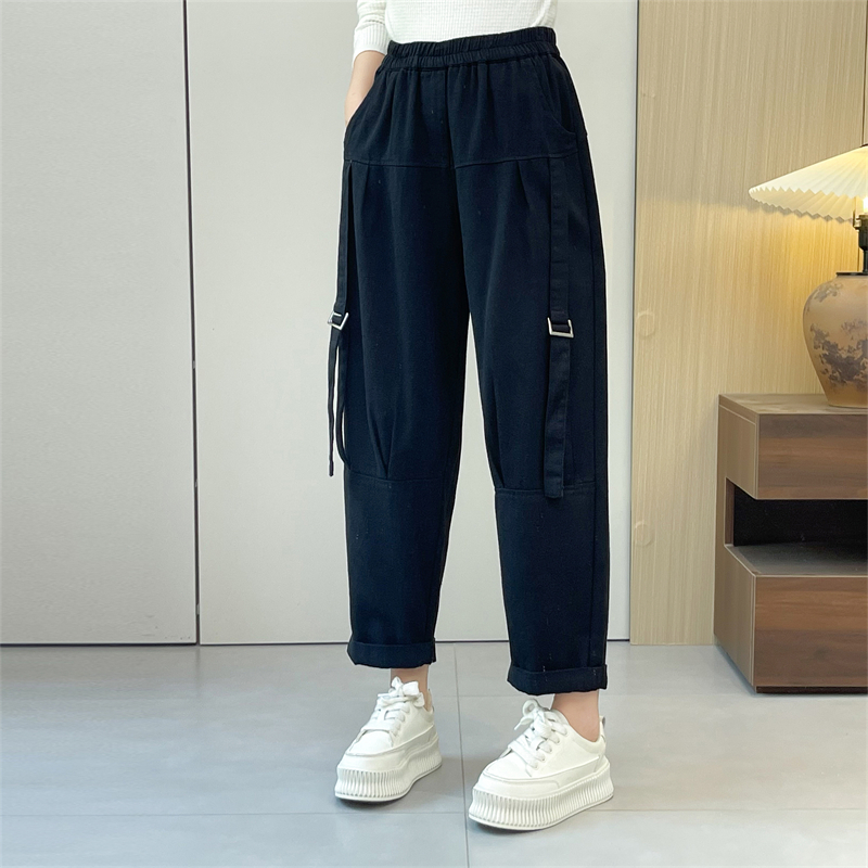 惠衣阁秋季女松紧腰高腰牛仔裤牛仔九分裤韩版宽松休闲裤牛仔垮裤