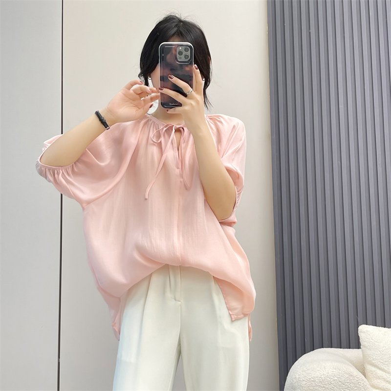 惠衣阁夏季女短袖衬衫套头系绳衬衣韩版宽松休闲天丝衬衫纯色上衣