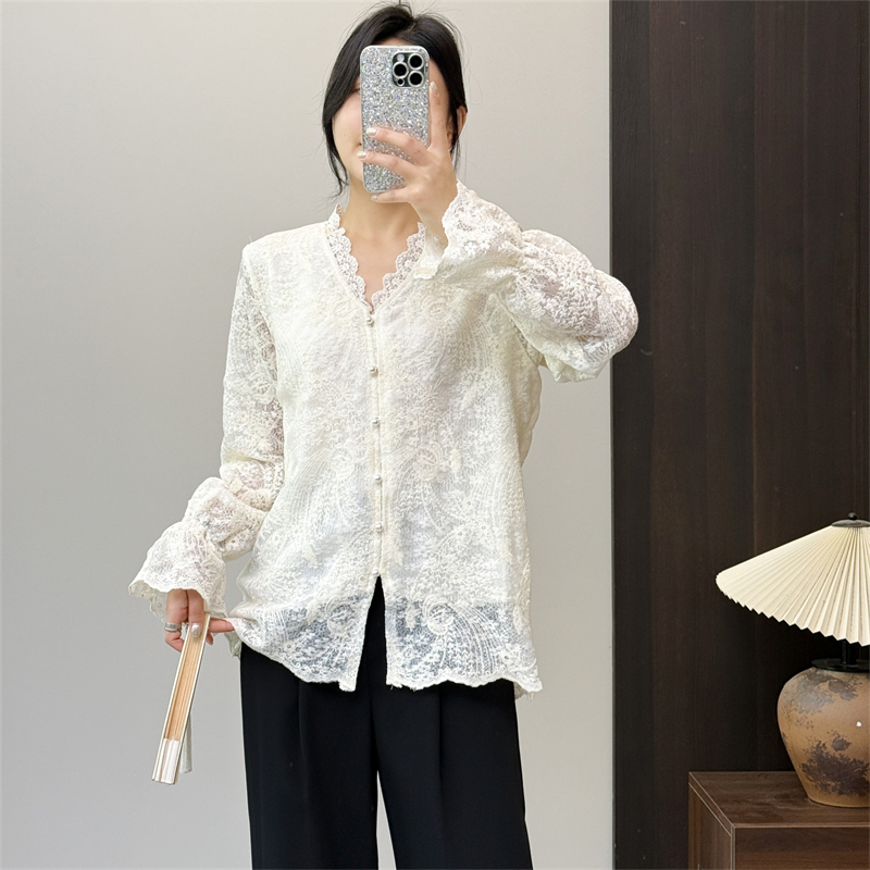 惠衣阁春夏女长袖衬衫蕾丝钩花衬衫新中式蕾丝衬衣V领上衣淑女