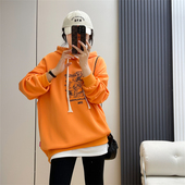 惠衣阁秋季 宽松休闲刺绣遮屁股外套 卫衣韩版 女长袖 连帽卫衣中长款