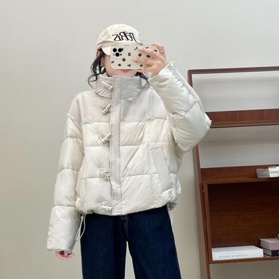 惠衣阁秋冬女立领羽绒服牛角扣羽绒外套韩版休闲PU拼接短款羽绒服