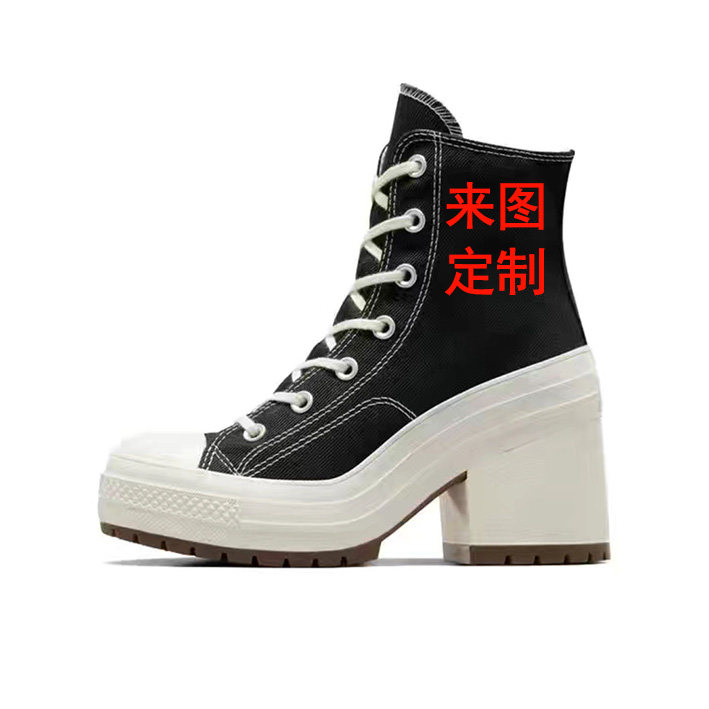 手绘高帮高跟厚底帆布鞋女来图定制秋冬新款系带休闲涂鸦