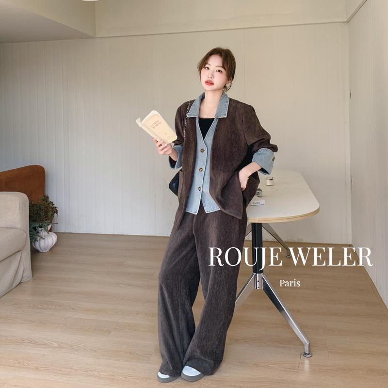 ROUJEWELER牛仔拼接灯芯绒套装女
