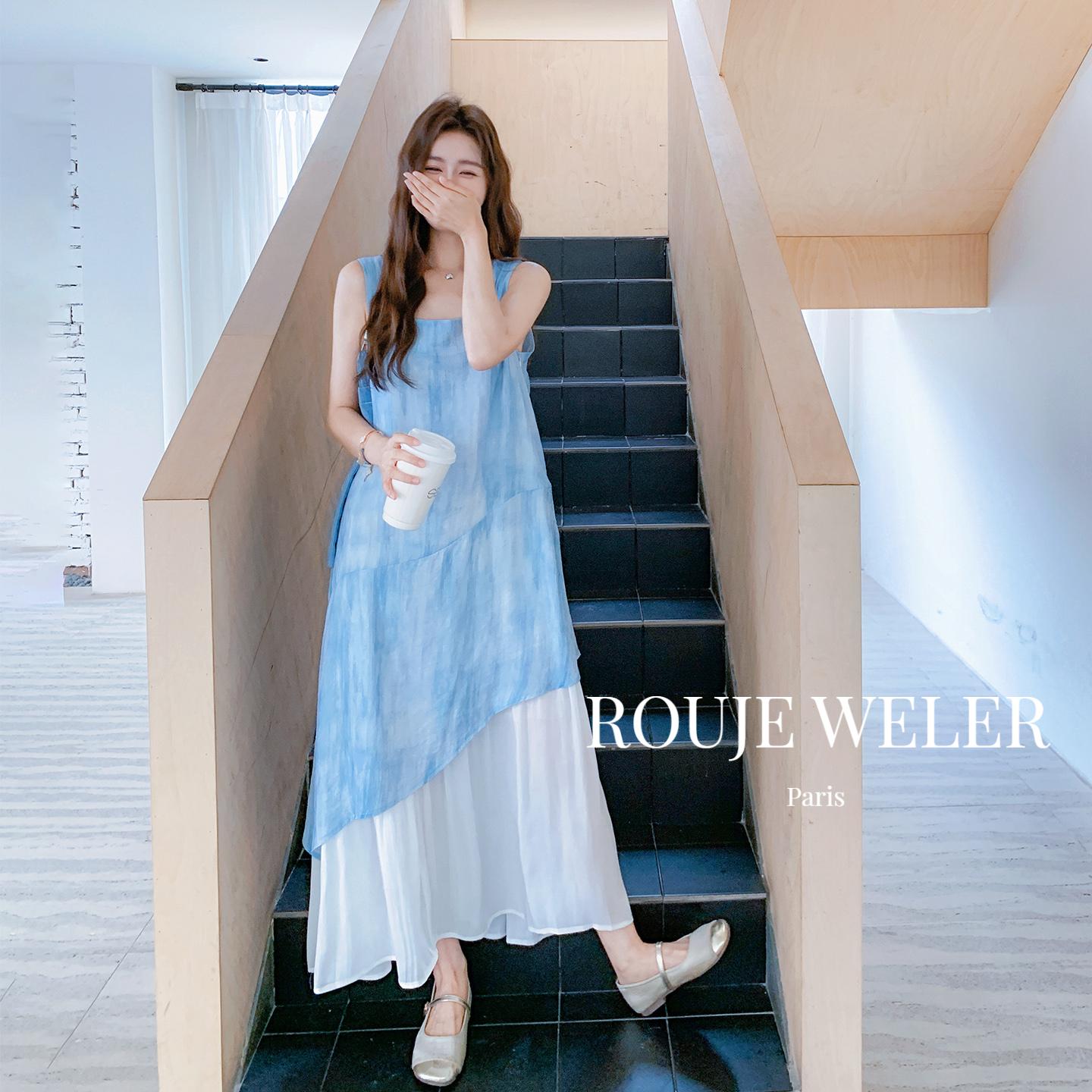 ROUJEWELER蓝色扎染假两件连衣裙