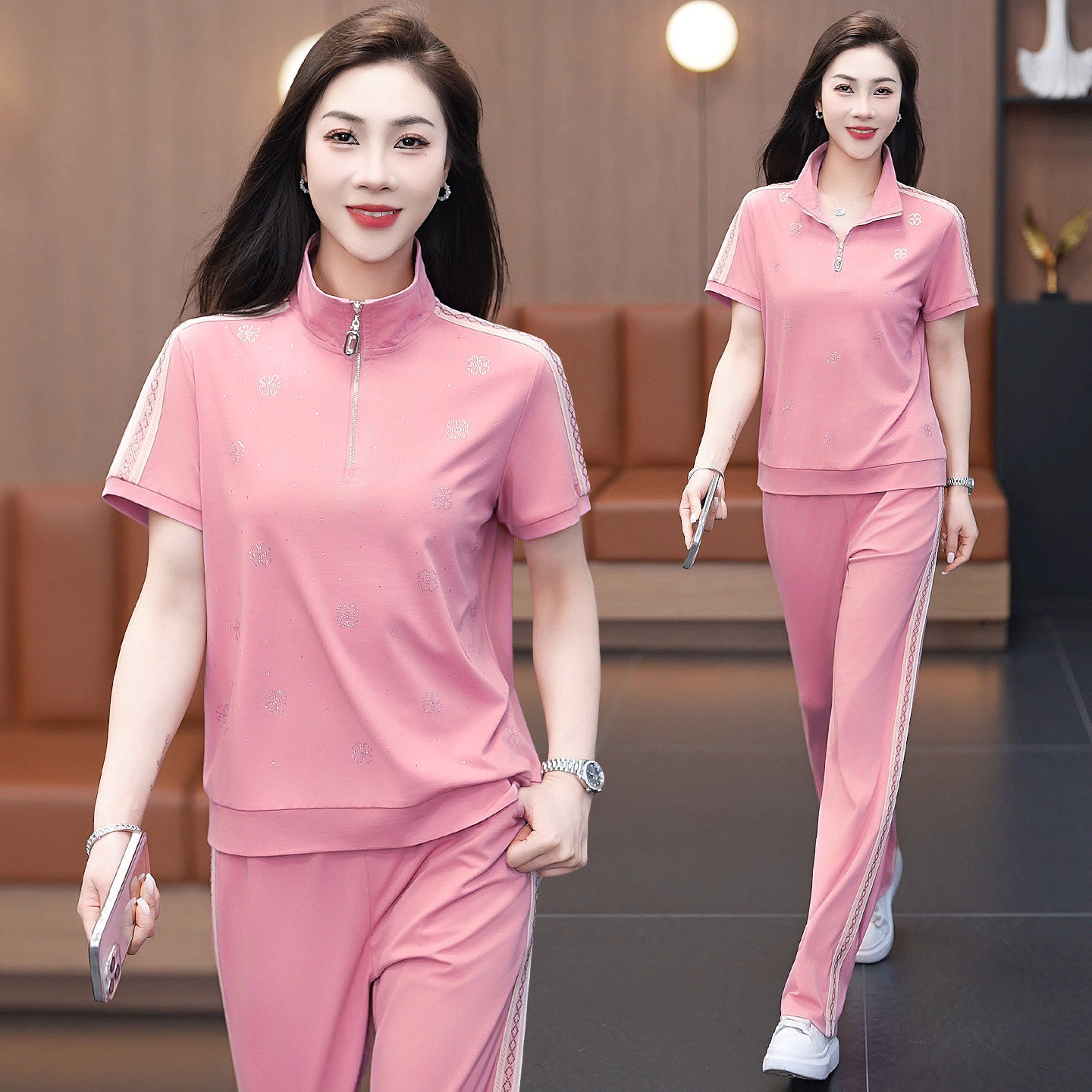 粉嫩运动休闲套装女夏季新款洋气立领短袖薄款冰丝两件套运动穿搭