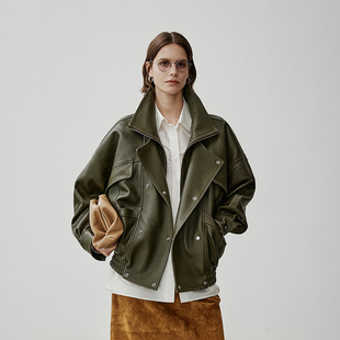 进口泡面绵羊皮宽松廊形机车皮衣重工双层翻领荔枝纹复古真皮夹克