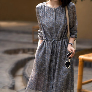 质感真丝连衣裙高端桑蚕丝碎花中长款收腰甜妹风裙子杭州女装