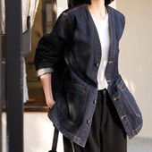 穿搭美学 超有范多元 设计新中式 V领牛仔外套2025春宽松撞色线上衣
