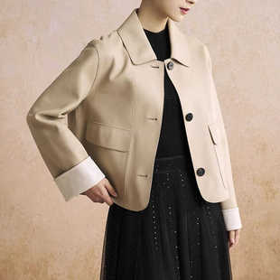 贴袋真皮短外套 时尚 土耳其进口绵羊皮翻边撞色长袖 宽松皮衣女新款