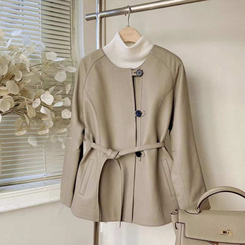 老钱风H簰3扣2025进口绵羊皮圆领系带收腰真皮皮衣女宽松羊皮外套,女装/女士精品,皮衣,淘宝优惠券,粉丝福利购,淘宝优惠卷