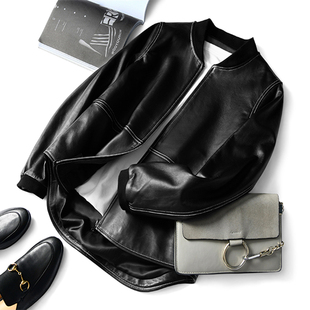 断码特价！宽松绵羊皮棒球皮衣立领拉链圆弧摆撞白色线真皮夹克女