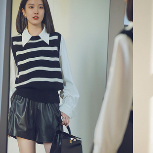 断码特价 进口绵羊皮高腰插袋真皮短裤女宽松a型直筒小羊皮休闲裤