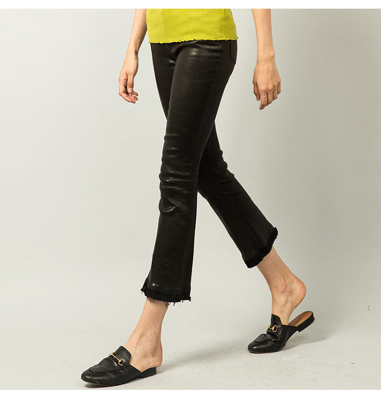 高精尖！进口弹力植鞣绵羊皮微喇九分裤女毛边裤脚紧身哑光真皮裤