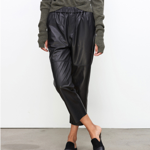 女显瘦松紧腰宽松真皮雏形烟管羊皮裤 一条就够 进口绵羊皮九分裤