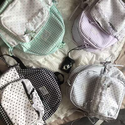 日系ins风双肩包女 2026新款格纹波点少女书包初高中大学轻便背包