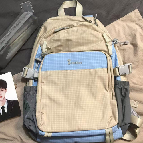 素造撞色尼龙防水休闲双肩包女旅游大容量电脑包初高中书包男背包