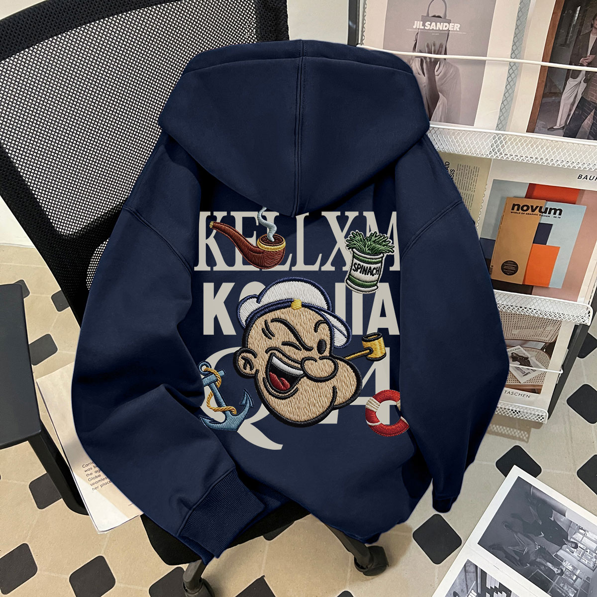 美式慵懒风藏青色连帽卫衣秋季男女童ins潮流印花百搭中学生上衣