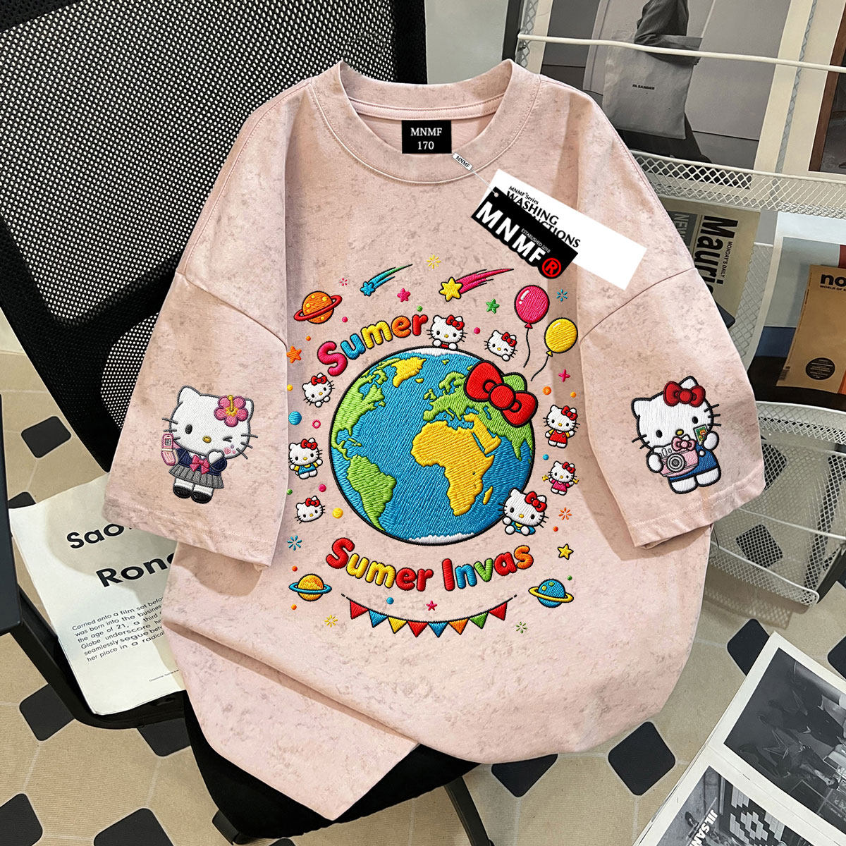 女童100%纯棉设计感地球猫咪仿刺绣扎染短袖中学生小众时尚上衣潮