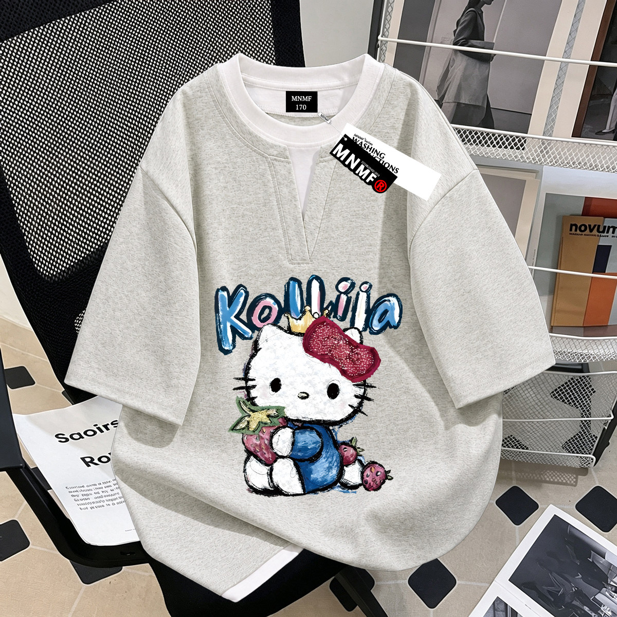 美式潮牌猫咪印花女童夏季假两件POLO衫短袖初中生时尚韩版上衣潮