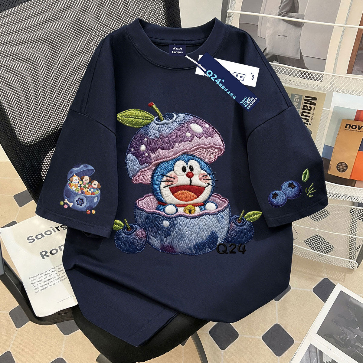 蓝莓哆啦A梦仿刺绣2026夏季女童纯棉短袖t恤中大童休闲百搭上衣潮