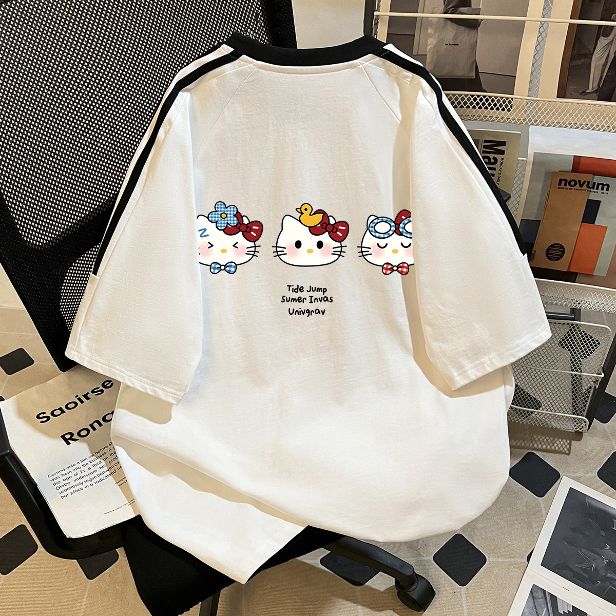 2026夏季女童时尚猫咪印花100%款纯棉三条杠短袖t恤休闲宽松上衣