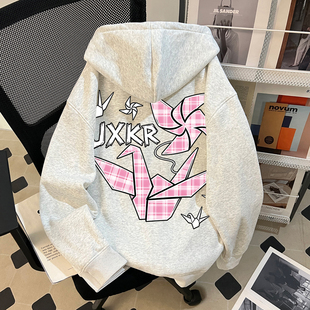 秋冬季女童新款拉链连帽卫衣中大童卡通千纸鹤印花韩版学院风外套