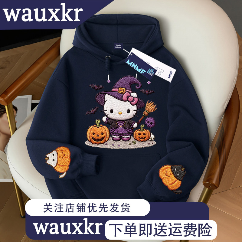 女童秋冬款时尚猫咪仿刺绣加绒连帽卫衣中大童洋气学院风上衣ins