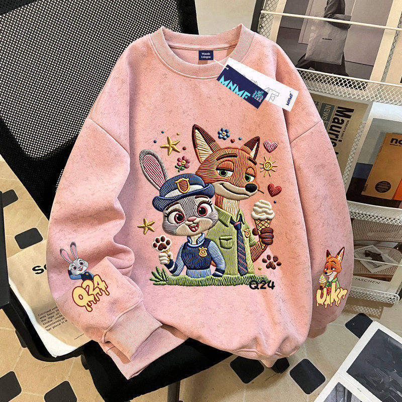 卡通疯狂动物城仿刺绣男女童扎染圆领卫衣秋冬加绒加厚中大童上衣
