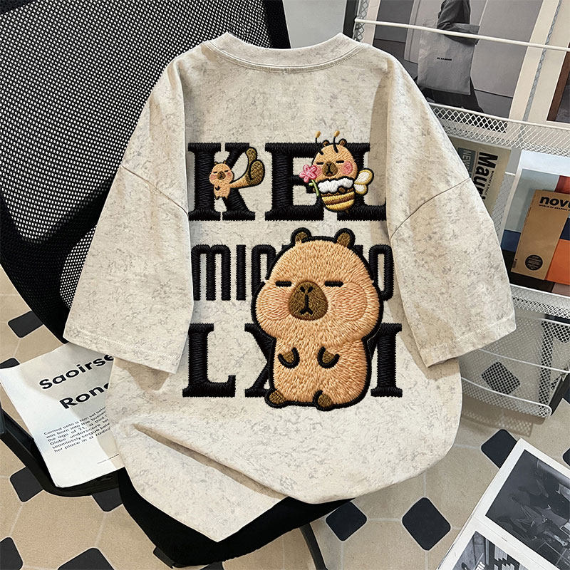 夏季男女童可爱卡皮巴拉仿刺绣100%纯棉扎染短袖中学生百搭上衣潮