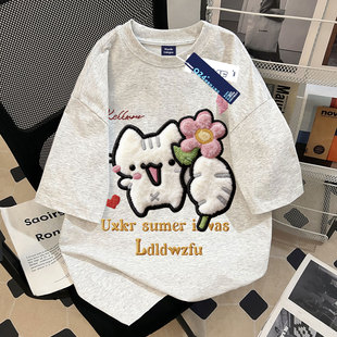 2026新款女童洋气小花猫仿刺绣重磅纯棉短袖t恤初中生休闲上衣潮