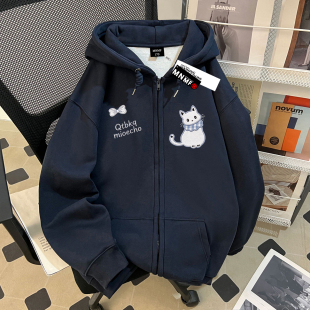冬季女童韩版学院风拉链连帽卫衣中大童蝴蝶结白猫印花ins风外套