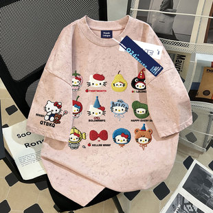 夏季款100%纯棉扎染短袖t恤女童水果猫咪仿刺绣中学生休闲上衣潮