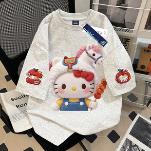 2026新款卡通猫咪仿刺绣女童100%纯棉短袖t恤初中生休闲洋气上衣
