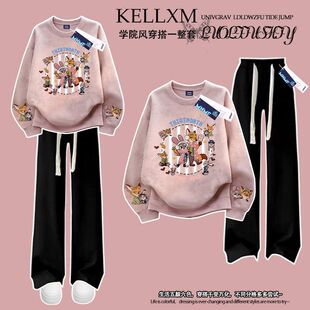 女童新款尼克与朱迪仿刺绣加绒扎染圆领卫衣初中生长裤套装洋气潮