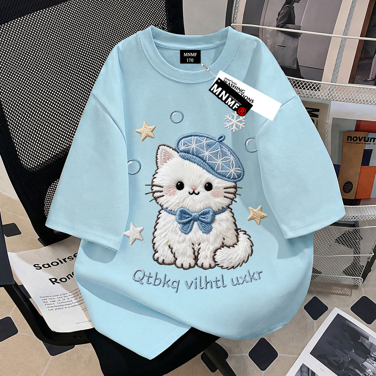 女童100%纯棉短袖t恤呆萌可爱猫咪仿刺绣夏季初中生韩版时尚上衣