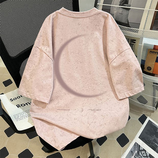 男女童2026夏季款美式模糊月亮印花纯棉扎染短袖初中生宽松上衣