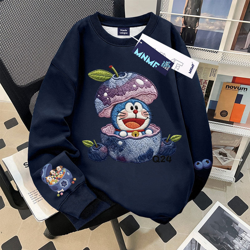 秋冬季蓝莓哆啦A梦仿刺绣女童加绒圆领卫衣初中生洋气潮牌上衣ins