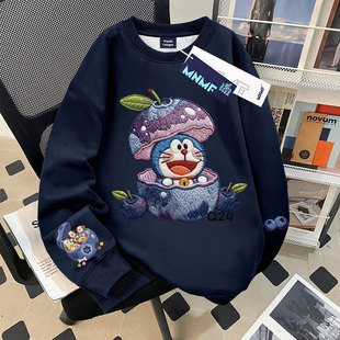 秋冬季蓝莓哆啦A梦仿刺绣女童加绒圆领卫衣初中生洋气潮牌上衣ins