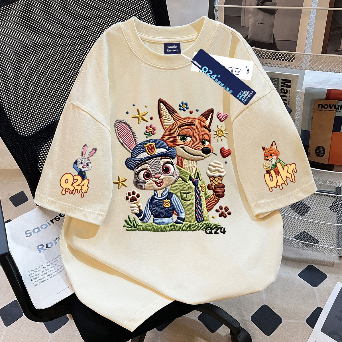 夏季新款卡通疯狂动物城仿刺绣男女童纯棉短袖t恤中大童百搭上衣