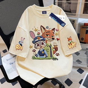 夏季新款卡通疯狂动物城仿刺绣男女童纯棉短袖t恤中大童百搭上衣