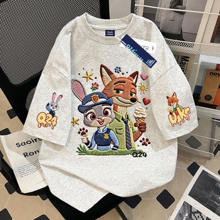 新款卡通疯狂动物城仿刺绣男女童夏季纯棉短袖t恤中大童百搭上衣