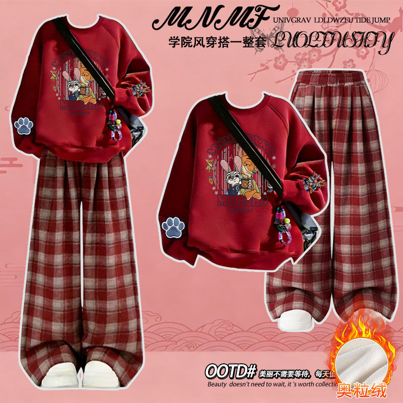 疯狂动物城仿刺绣女童红色加绒圆领卫衣中大童格子裤时髦百搭ins,童装/婴儿装/亲子装,套装,淘宝优惠券,粉丝福利购,淘宝优惠卷