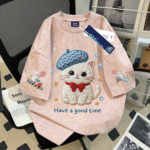 呆萌可爱猫咪仿刺绣女童100%纯棉扎染短袖t恤夏季学生百搭上衣ins