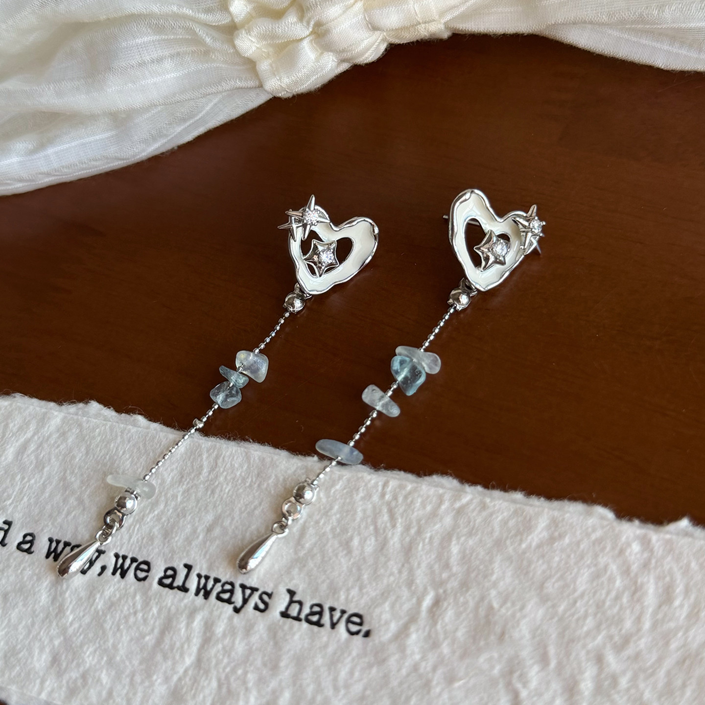 天然不规则海蓝宝925银针耳钉女