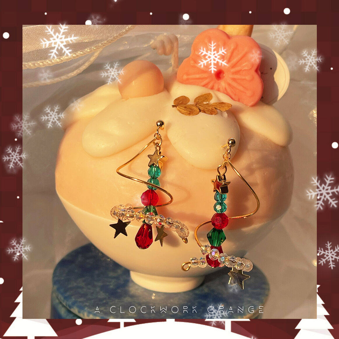 环绕圣诞树星星红绿手作耳钉耳夹
