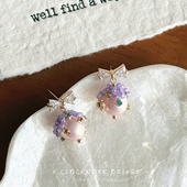 原创手作幻彩粉珍珠紫水晶轻复古透明锆石925银镀金耳钉耳环气质