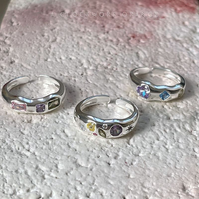 通体925银彩色锆石戒指可调节女