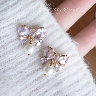 「流光幻紫」原创手作天然紫贝母蝴蝶结珍珠耳钉精致仙气925银针
