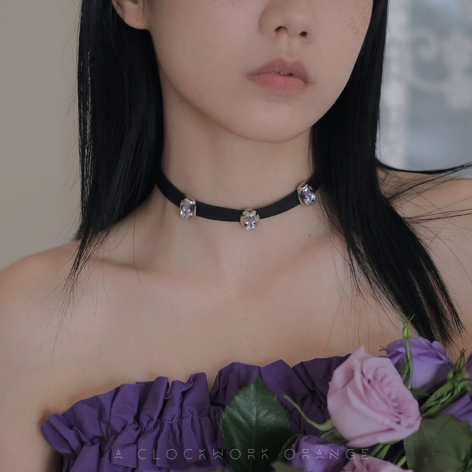紫色圆锆石拼接chocker甜酷项链