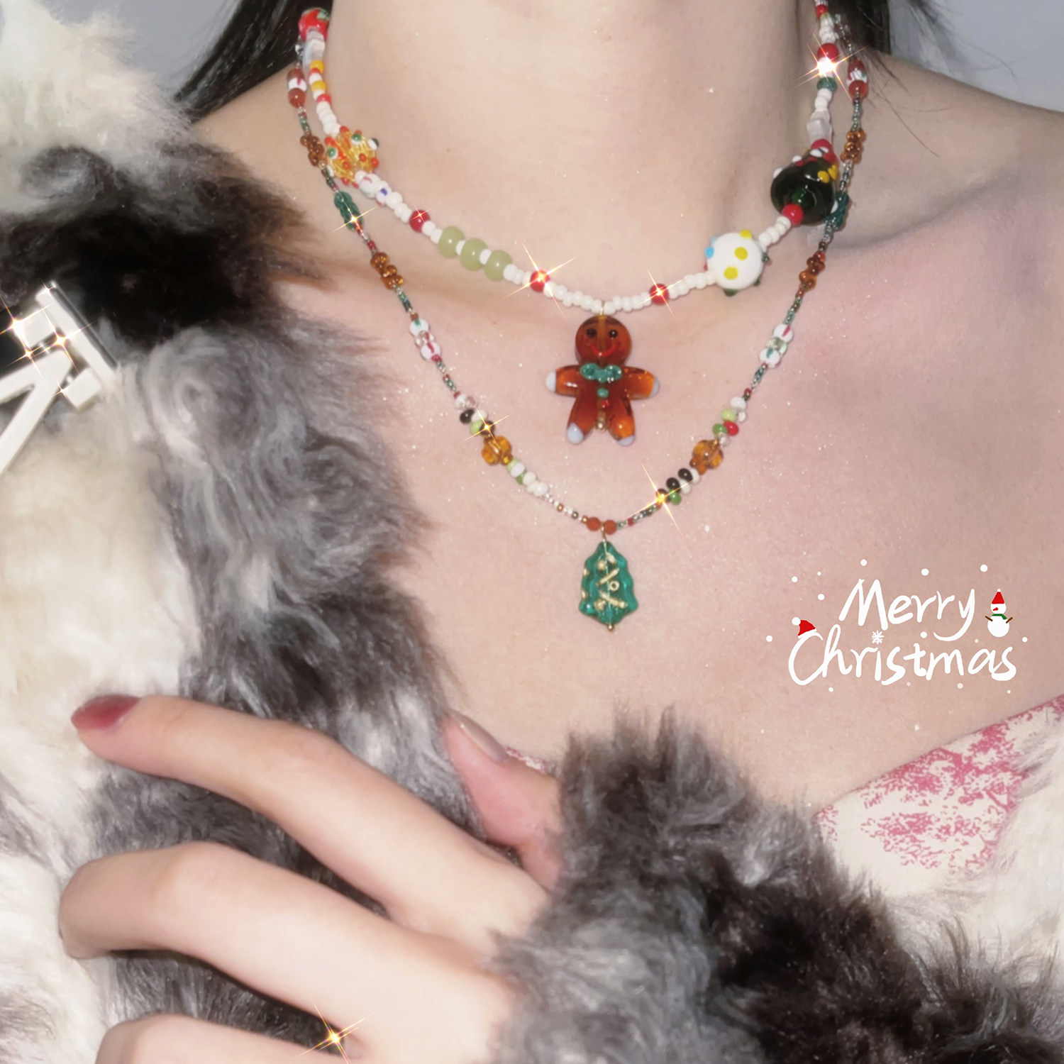 圣诞姜饼人手作琉璃水晶项链秋冬